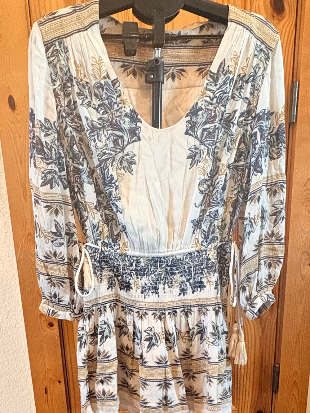 Free People S/P Floral Boho Mini Dress Smocked Waist Long Sleeve Rayon